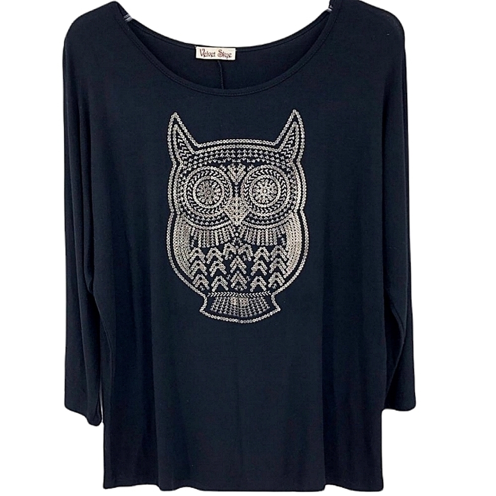 Velvet Skye Women’s L Black Blouse Owl Graphic Tee